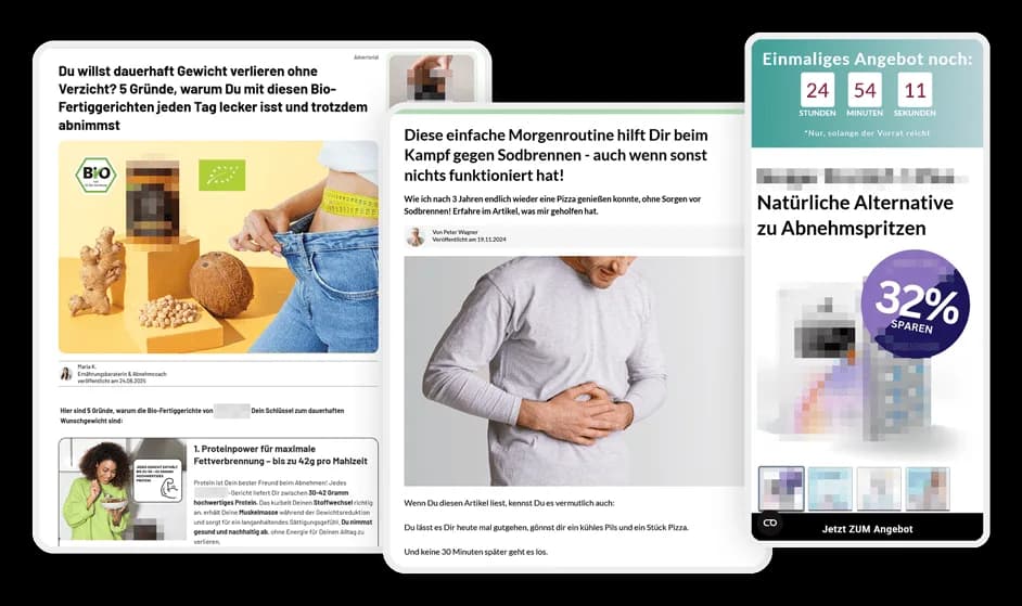 Drei Advertorials von ecomtorials, die wie redaktionelle Artikel aufgebaut sind