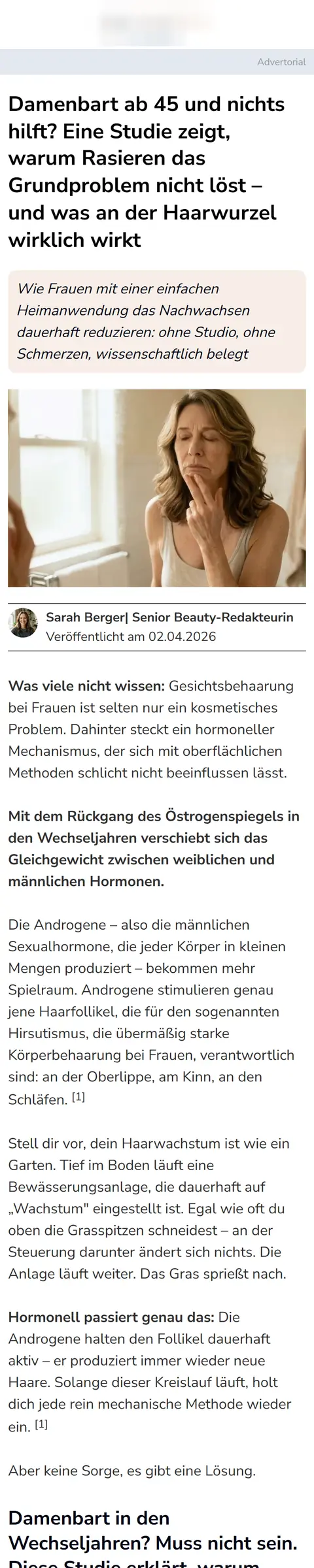 Advertorial für eine Beauty-Tech-Brand: Damenbart ab 45 und nichts hilft