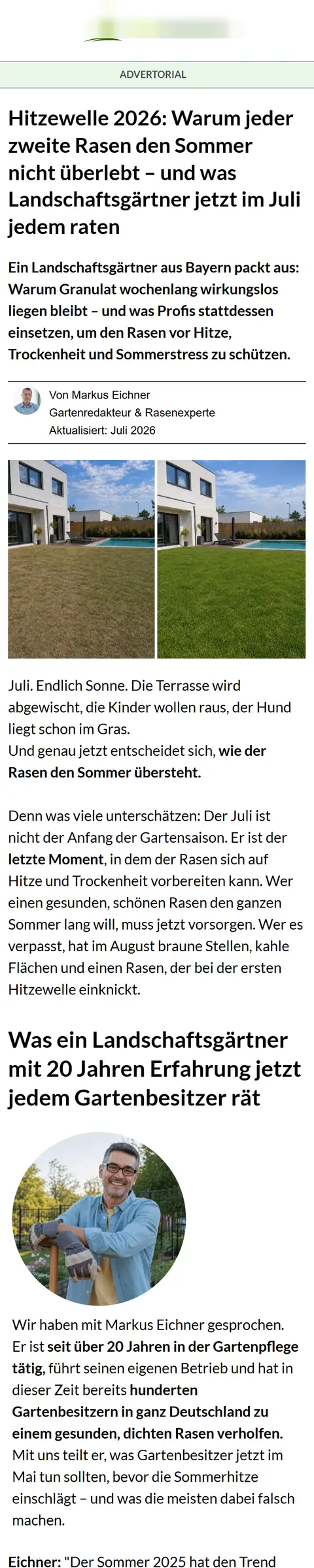 Advertorial für eine Garten-Brand: Hitzewelle 2026 und was Landschaftsgärtner jetzt raten